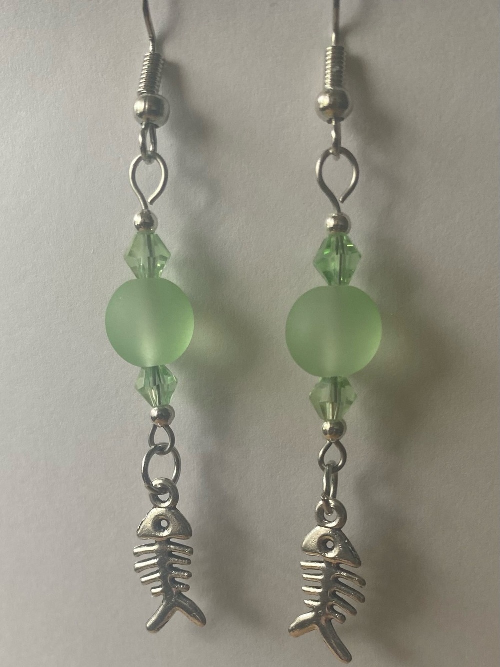 Silver Fishbones With Green Sea Glass and Crystal Bead Earrings